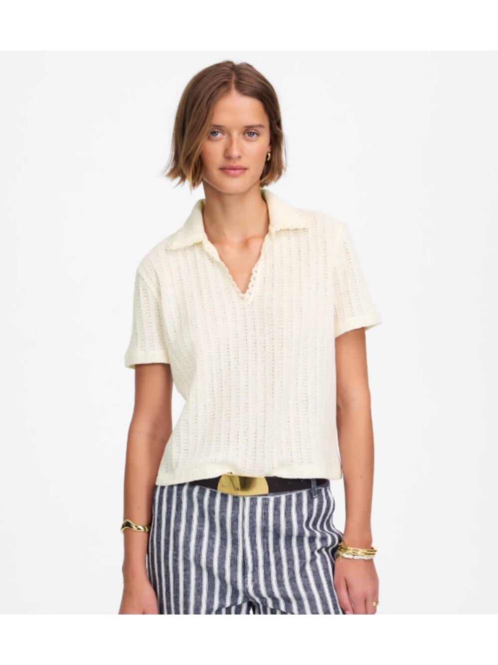 Madewell Crochet-Knit V-Neck Sweater Tee XS Vintage Ivory Short Sleeve Pullover